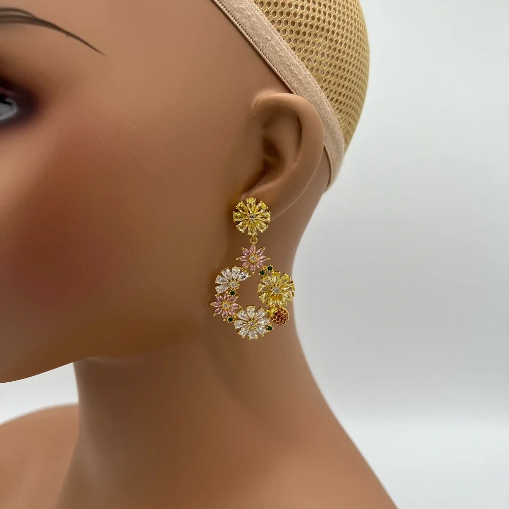Colorful Floral Zircon Dangle Circle Earrings_5